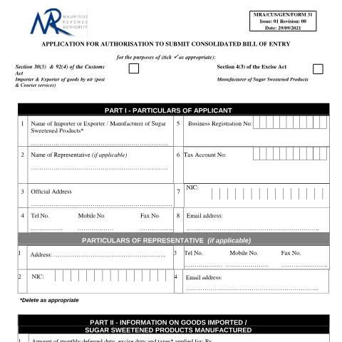 Document preview: Application Form for authorisation to submit consolidated bill of entry — Form, Mauritius (CERFA n°BOEForm31)