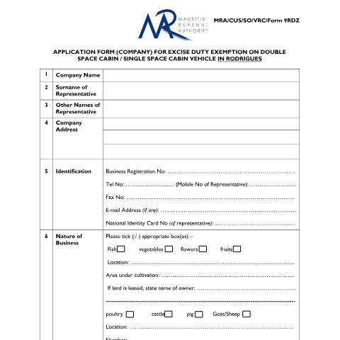 Document preview: Application form (Company) for Excise Duty Exemption Double Space Cabin/Single Space Cabin Vehicle in Rodrigues — Form, Mauritius (CERFA n°RDZForm9270715)