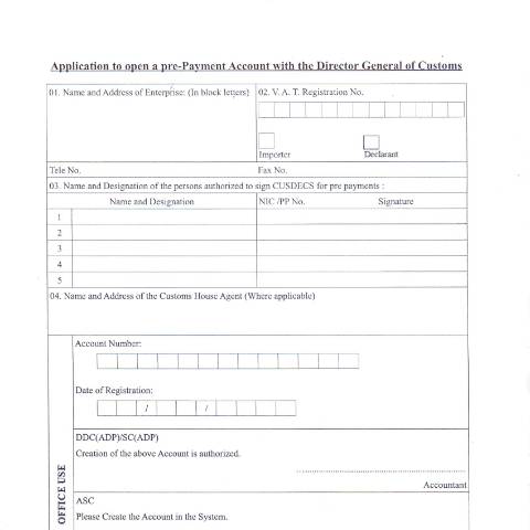 Document preview: Application Form to Open Pre Payment Account in ASYCUDA — ASYCUDA & System Access, Sri Lanka