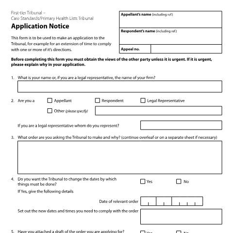 Document preview: Application notice for care standards and primary health lists tribunals: Form T109 — HM Courts & Tribunals Service, United Kingdom