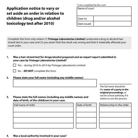 Document preview: Application notice to vary or set aside an order in relation to children where a drug or alcohol toxicology test after 2010 was involved: Form C650 — HM Courts & Tribunals Service, United Kingdom