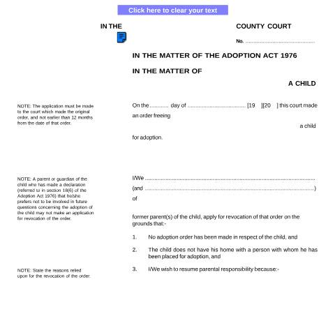 Document preview: Form A4: Application for revocation of an order freeing a child for adoption — HM Courts & Tribunals Service, United Kingdom