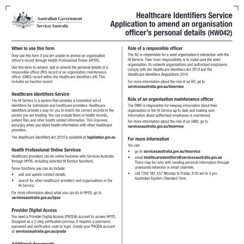 Document preview: HI Service - application to amend an organisation officer's personal details form (HW042) — Services Australia — Health professionals, Australia (CERFA n°HW042)