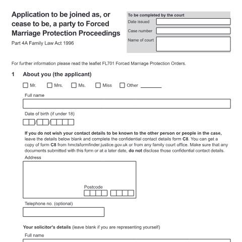 Document preview: Application to be joined as, or cease to be a party to Forced Marriage Protection Proceedings: Form FL431 — HM Courts & Tribunals Service, United Kingdom