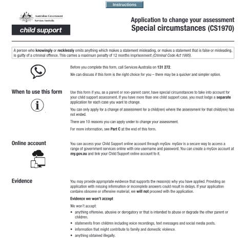 Document preview: Application to change your assessment - special circumstances — Services Australia — Individuals (by code), Australia (CERFA n°CS1970)