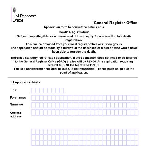 Document preview: Application form to correct details on a death registration — HM Passport Office, United Kingdom