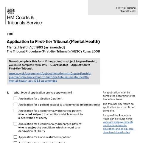 Document preview: Application to First-tier Tribunal (Mental Health) Mental Health Act 1983 (as amended): Form T110 — HM Courts & Tribunals Service, United Kingdom