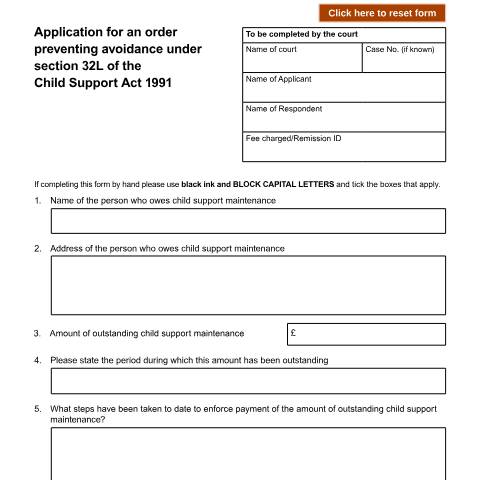 Document preview: Application for an order preventing avoidance under section 32L of the Child Support Act 1991: Form D50J — HM Courts & Tribunals Service, United Kingdom