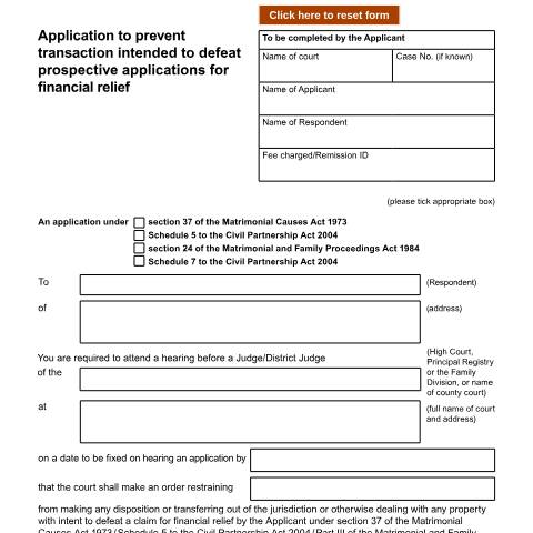 Document preview: Application to prevent transaction intended to defeat prospective applications for financial relief: Form D50G — HM Courts & Tribunals Service, United Kingdom