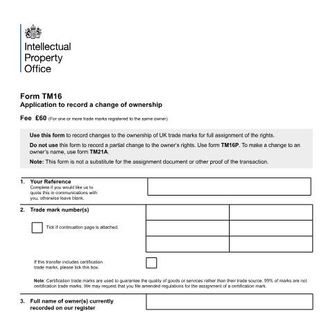 Document preview: Application to record a change of ownership — Intellectual Property Office, United Kingdom