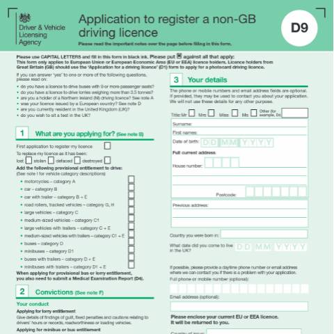 Document preview: Application to register a non-GB driving licence (form D9) — Driver and Vehicle Licensing Agency, United Kingdom