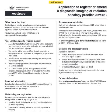 Document preview: Application to register or amend a diagnostic imaging or radiation oncology practice form (HW061) — Services Australia — Health professionals, Australia (CERFA n°HW061)