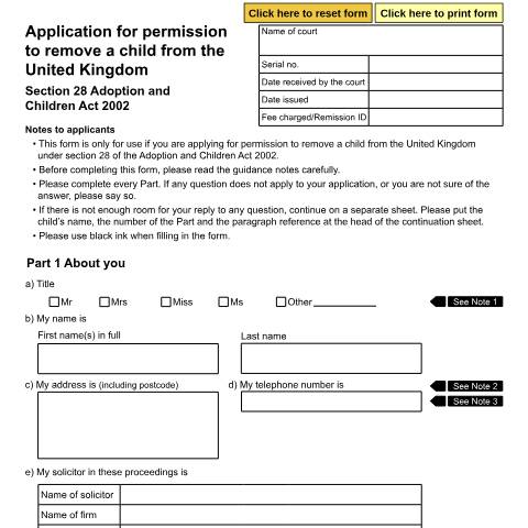 Document preview: Application for permission to remove a child from the United Kingdom (Section 28 Adoption and Children Act 2002): Form A56 — HM Courts & Tribunals Service, United Kingdom