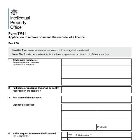 Document preview: Application to remove or amend the recordal of a licence — Intellectual Property Office, United Kingdom
