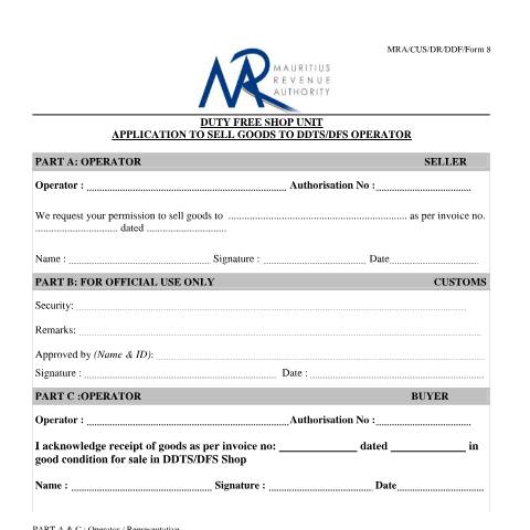 Document preview: Application to sell goods to DDTS, DFS Operator — Form, Mauritius (CERFA n°Form8ApplicationFormDDTSandDFS)