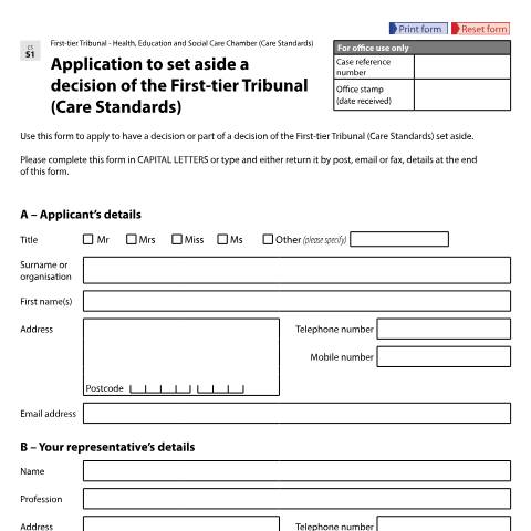 Document preview: Form CS S1: Application to set aside a decision of the First-tier Tribunal (Care Standards) — HM Courts & Tribunals Service, United Kingdom