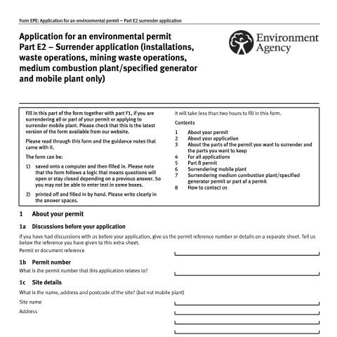 Document preview: Application to surrender an environmental permit: part E2 — Environment Agency, United Kingdom
