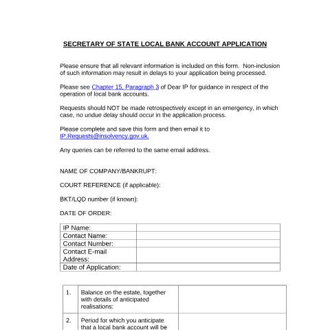 Document preview: Application for authority to use local bank account — The Insolvency Service, United Kingdom