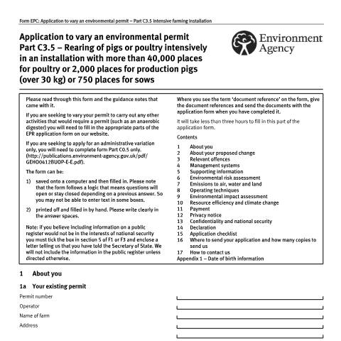 Document preview: Application to vary an environmental permit: part C3.5 intensive farming installation permit — Environment Agency, United Kingdom