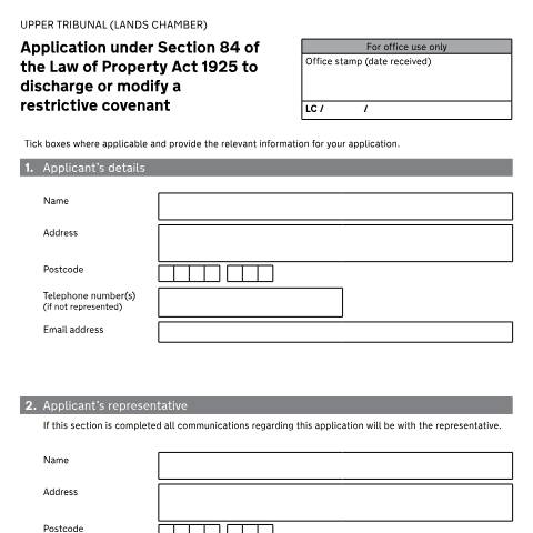 Document preview: Application under Section 84 of the Law of Property Act 1925 to discharge or modify a restrictive covenant: Form T379 — HM Courts & Tribunals Service, United Kingdom