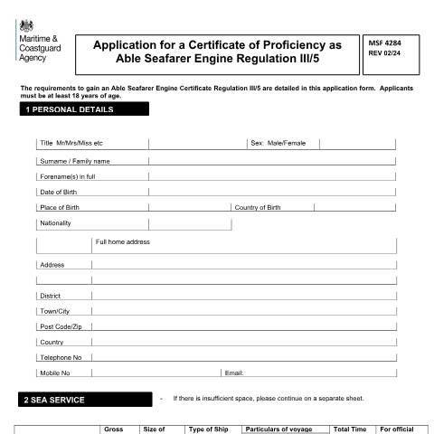 Document preview: How to apply for certificate of proficiency as able seafarer regulation III/5 — Maritime and Coastguard Agency, United Kingdom