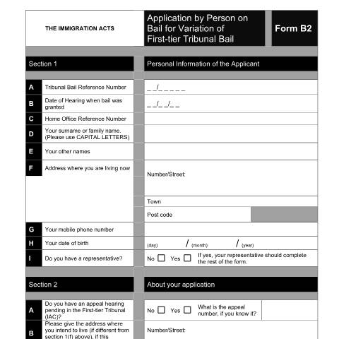Document preview: Apply for bail variation for an immigration case: Form B2 — HM Courts & Tribunals Service, United Kingdom
