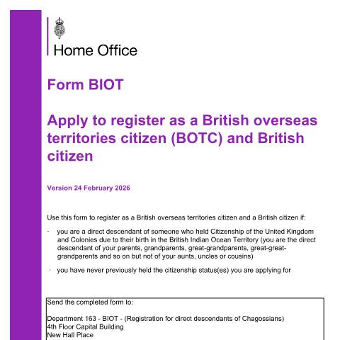 Document preview: Apply by post for British citizenship as a person of Chagossian descent (form BIOT) — UK Visas and Immigration, United Kingdom