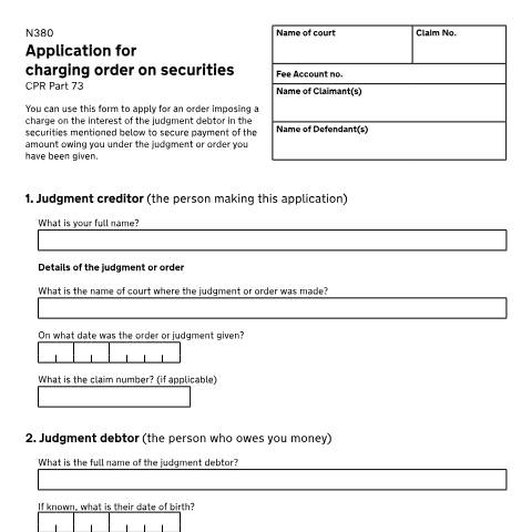 Document preview: Apply for a charging order on securities: Form N380 — HM Courts & Tribunals Service, United Kingdom