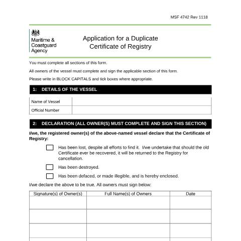Document preview: Application for a duplicate certificate of registry (MSF 4742) — Maritime and Coastguard Agency, United Kingdom