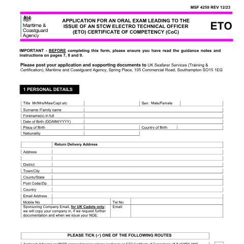 Document preview: How to apply for an electro technical officer CoC — Maritime and Coastguard Agency, United Kingdom