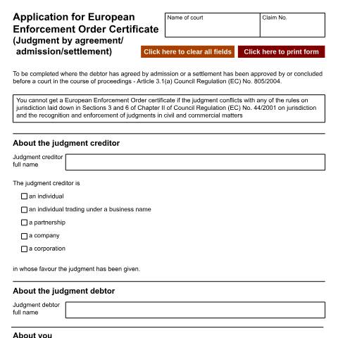 Document preview: Apply for a European Enforcement Order certificate - judgment by agreement, admission, or settlement: Form N219 — HM Courts & Tribunals Service, United Kingdom