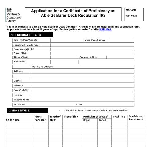 Document preview: How to apply for certificate of proficiency for able seafarer regulation II/5 — Maritime and Coastguard Agency, United Kingdom
