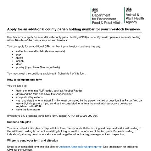 Document preview: Apply for an additional county parish holding number for your livestock business — Animal and Plant Health Agency, United Kingdom