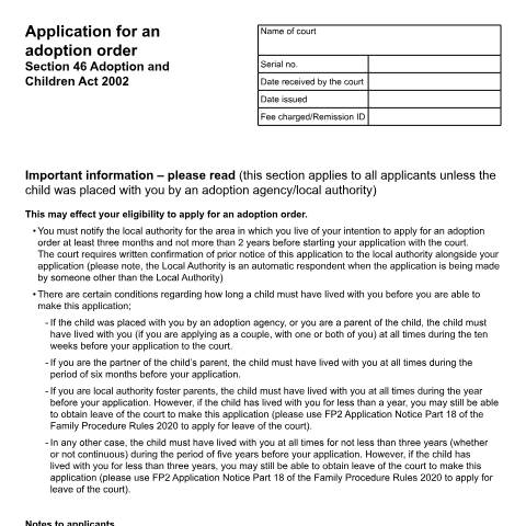 Document preview: Apply for an adoption order: Form A58 — HM Courts & Tribunals Service, United Kingdom