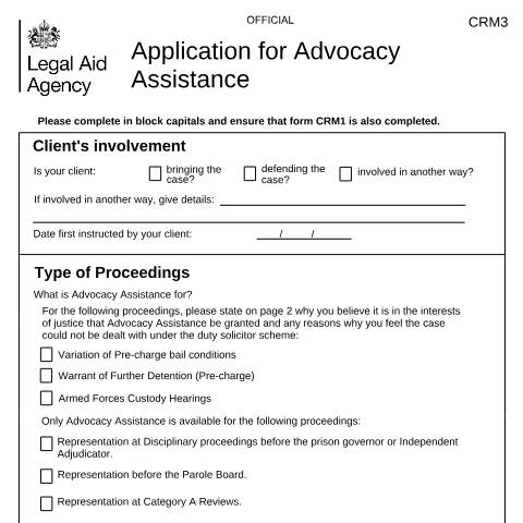Document preview: CRM3: apply for advocacy assistance — Legal Aid Agency, United Kingdom