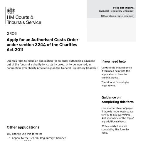 Document preview: Apply for an authorised costs order: Form GRC6 — HM Courts & Tribunals Service, United Kingdom