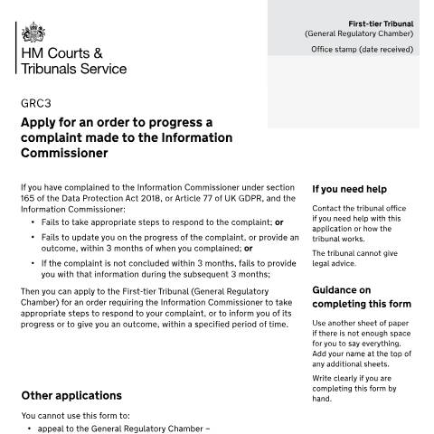 Document preview: Apply for an order to progress a complaint made to the Information Commissioner: Form GRC3 — HM Courts & Tribunals Service, United Kingdom