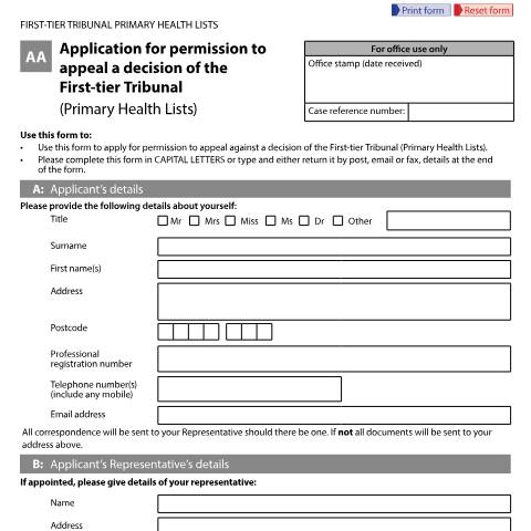 Document preview: Apply for permission to appeal a First-tier Tribunal (Primary Health Lists) decision: Form T172 — HM Courts & Tribunals Service, United Kingdom