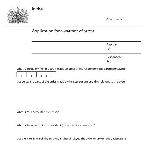 Document preview: Apply for a warrant of arrest in domestic abuse injunction cases: Form FL407 — HM Courts & Tribunals Service, United Kingdom