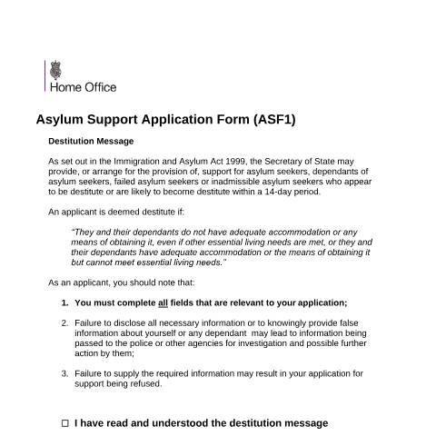 Document preview: Apply for asylum support: form ASF1 — UK Visas and Immigration, United Kingdom