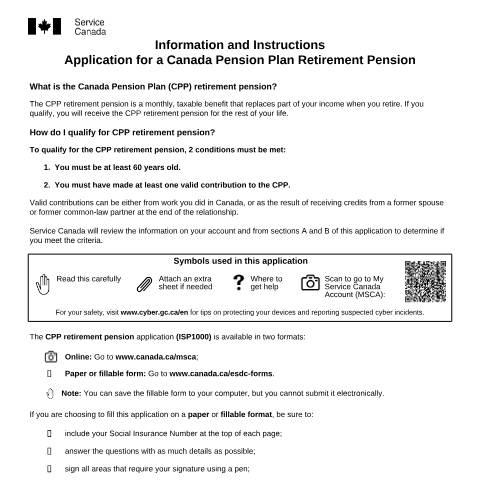 Document preview: Application for a Canada Pension Plan Retirement Pension — Income Security Programs, Canada (CERFA n°ISP1000)