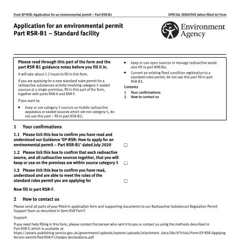 Document preview: Part RSR-B1: apply for a category 5 sealed radioactive sources standard rules permit — Environment Agency, United Kingdom