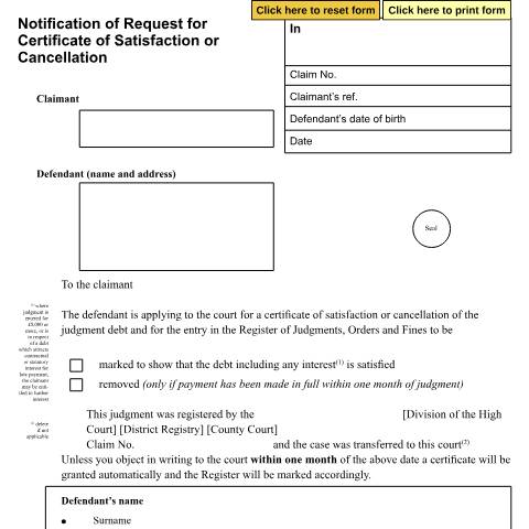 Document preview: Apply for a certificate of satisfaction or cancellation: Form N441 — HM Courts & Tribunals Service, United Kingdom