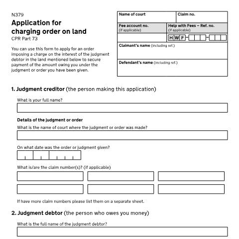 Document preview: Apply for a charging order on land: Form N379 — HM Courts & Tribunals Service, United Kingdom