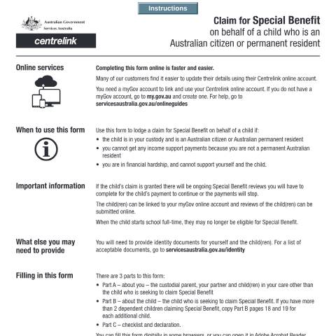 Document preview: Claim for Special Benefit for a child — Services Australia — Individuals (by code), Australia (CERFA n°SU721)