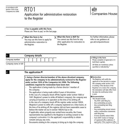 Document preview: Apply for administrative restoration to the register (RT01) — Companies House, United Kingdom