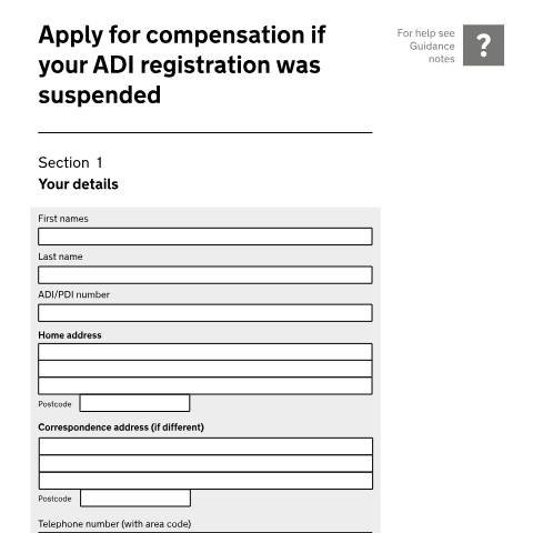 Document preview: Apply for compensation if your ADI registration was suspended — Driver and Vehicle Standards Agency, United Kingdom