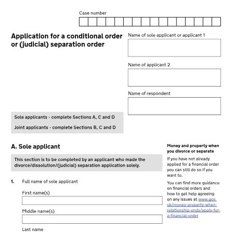 Document preview: Apply for a conditional order or judicial separation order: Form D84 — HM Courts & Tribunals Service, United Kingdom