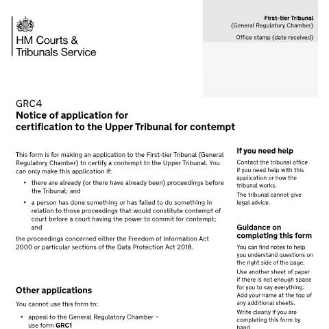 Document preview: Apply for certification to the Upper Tribunal for contempt: Form GRC4 — HM Courts & Tribunals Service, United Kingdom