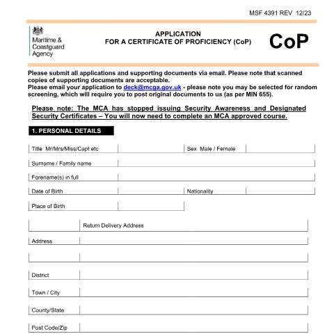 Document preview: How to apply for a certificate of proficiency — Maritime and Coastguard Agency, United Kingdom
